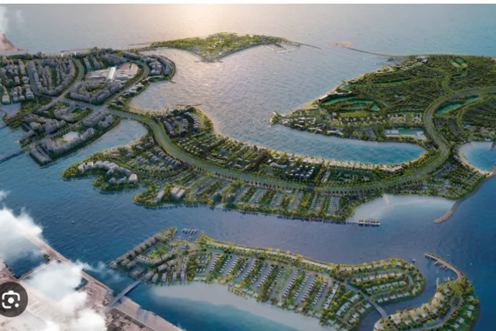 Aerial view of the Dubai Islands archipelago surrounded by turquoise water