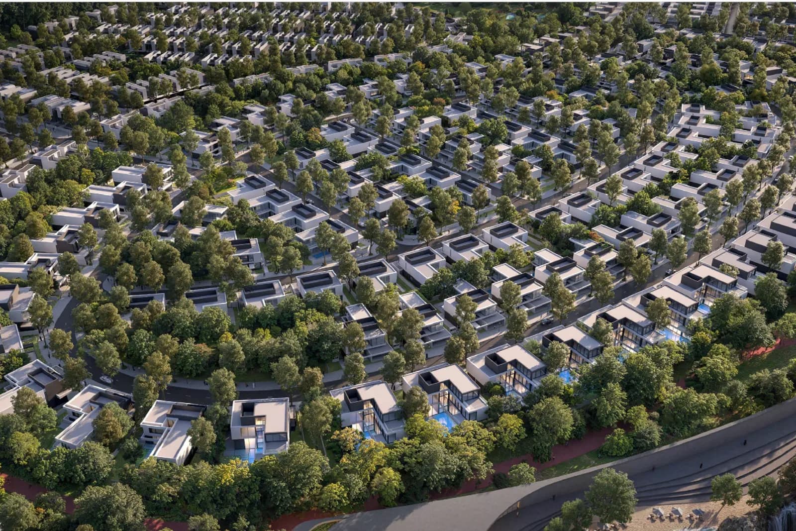 Aerial view of Masaar's tree-lined villa neighbourhoods in Al Suyoh, Sharjah